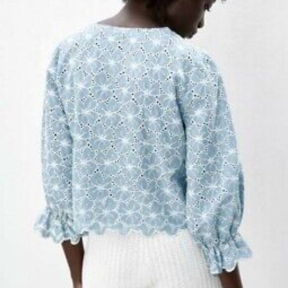 Zara Blue Floral Openwork Embroidery Shirt - Picture 3 of 8